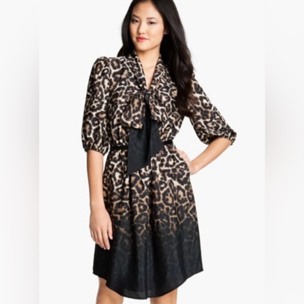 Vince Camuto Women's Leopard Animal Print Tie-Neck Belted Shirt Dress‎ Size 4